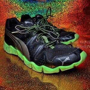 PUMA SHINTAI RUNNING SHOES Black Neon Green flex-groove OrthoLite runner retired